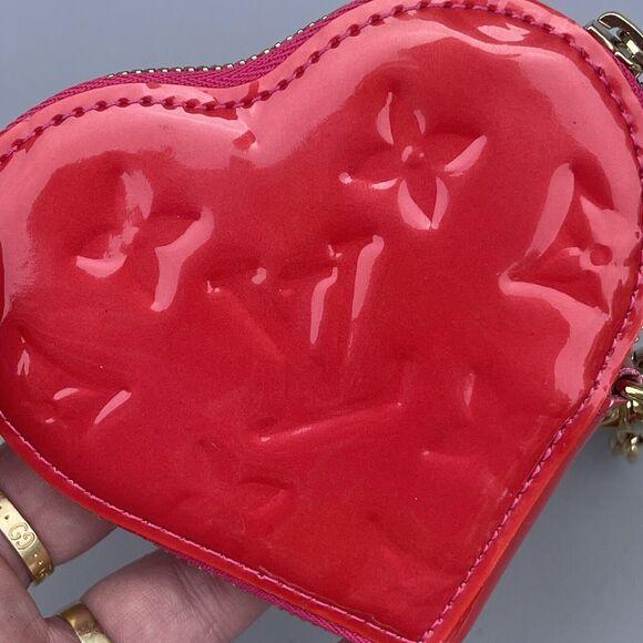 Louis Vuitton Pink Heart Key Pouch Coin Purse On Chain VERNIS Leather Wallet - Picture 4 of 10
